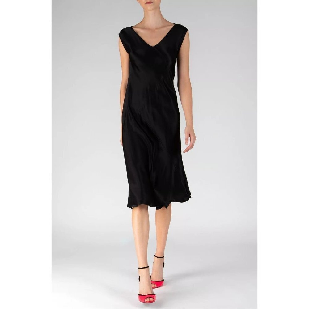 ATM Anthony Thomas Melillo Satin V-Neck Shift Dress in Black Medium